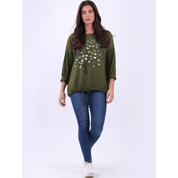 Italian Foil Tree Print Top Olive