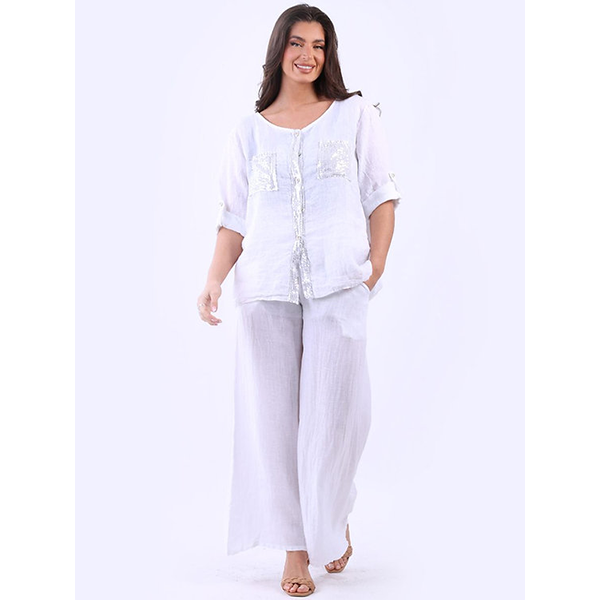 Italian Linen Button Top White