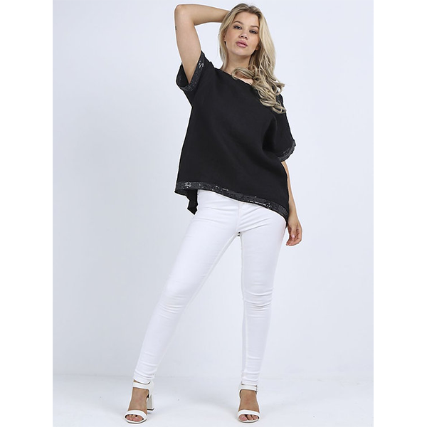 Italian Linen High/Low Seq Top Black