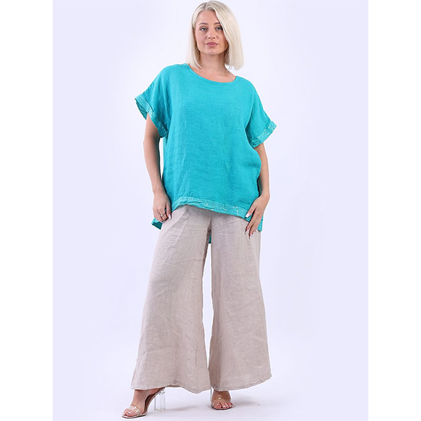 Italian Linen High/Low Seq Top Teal