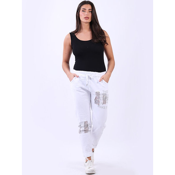 Italian Word Sequin Magic Pants White 