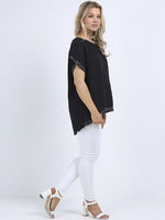 Italian Linen High/Low Seq Top Black