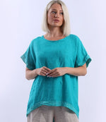 Italian Linen High/Low Seq Top Teal