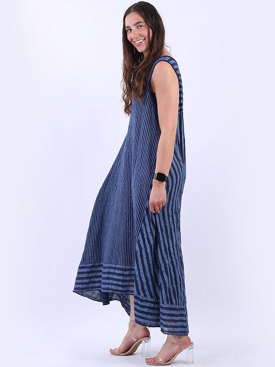 Italian Sleeveless Stripe Dress Navy