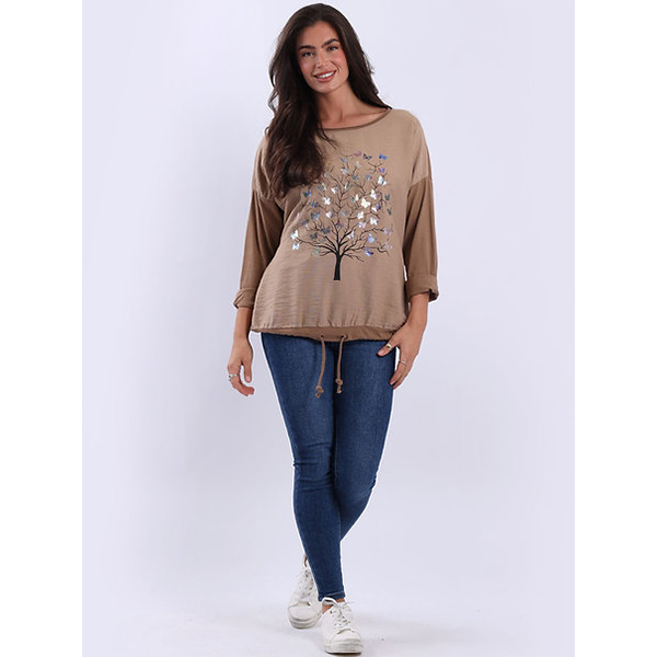 Italian Foil Tree Print Top Camel