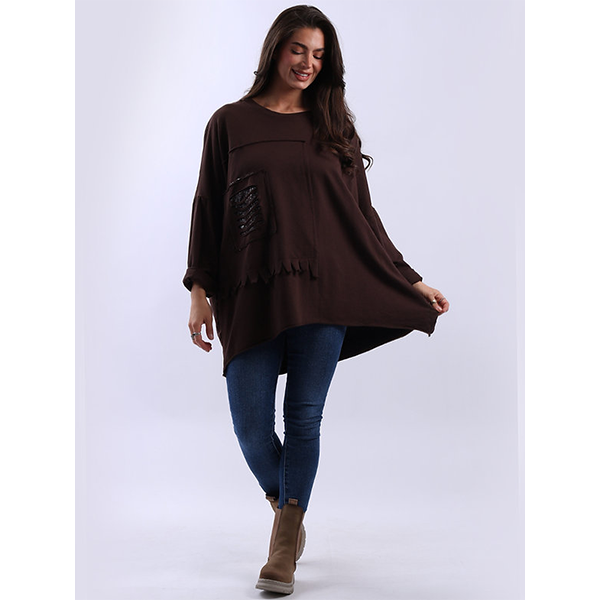 Sequin Cut Out Cotton Top Chocolate